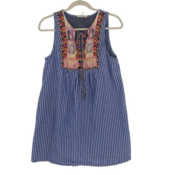 Entro Blue & White Striped Dress Embroidered Tasseled Boho Preppy Size Small - Picture 1 of 13